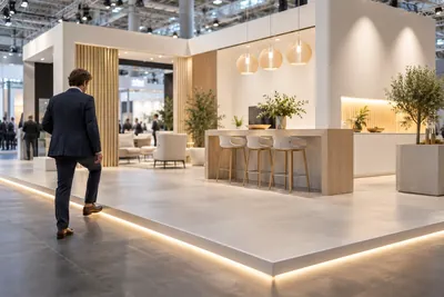 Visitor in a suit stepping onto a raised modular expo floor at a trade-show stand with LED edge lighting