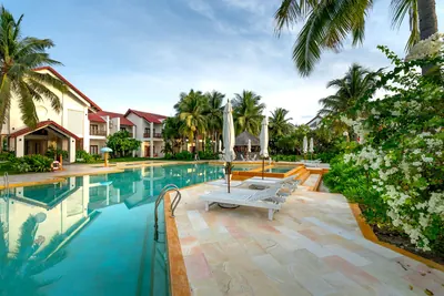 Holiday villas with palm trees around a swimming pool