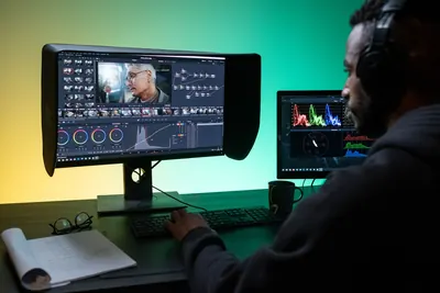 Video editor colour grading footage on a large monitor
