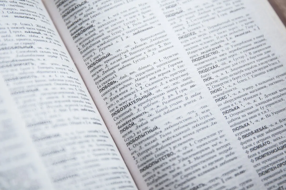 Close-up of open dictionary pages