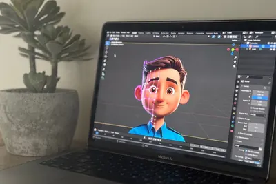 3D animated character being modelled on a laptop